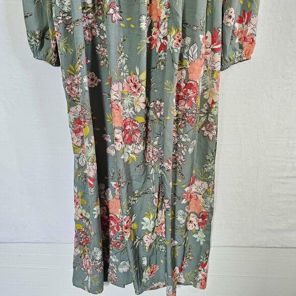 BOG Collective Dress L Green Milkmaid Peasant Floral Cottagecore Smocked Boho - Picture 3 of 15